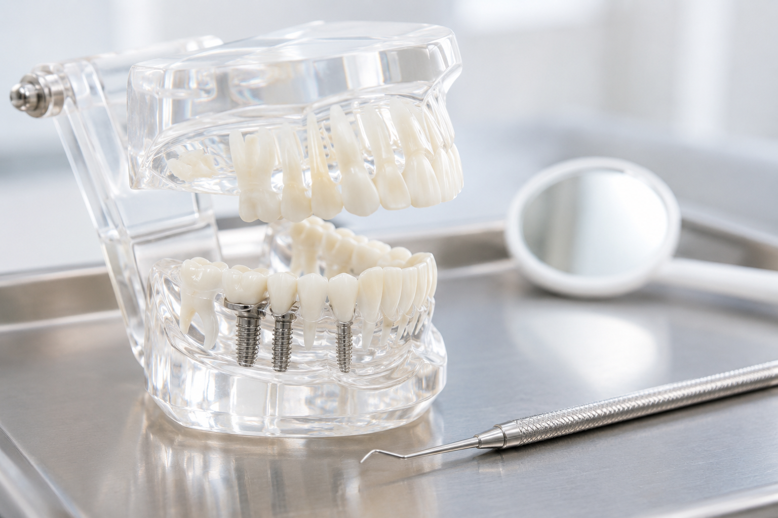 Clear dental model showing implant-supported replacement teeth on a metal tray with dental instruments